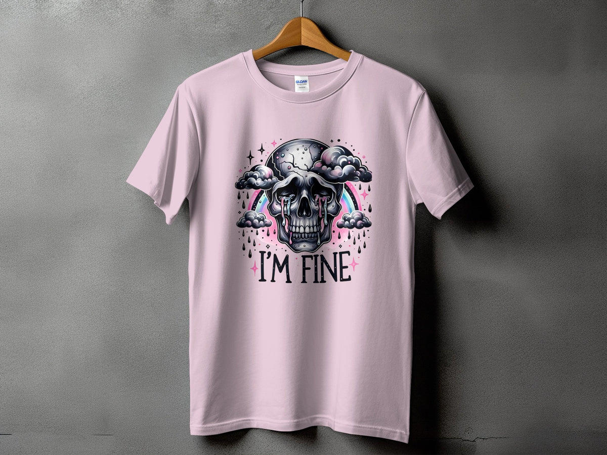 Pink t-shirt with a crying skull, rainbow, and "I'M FINE" text.