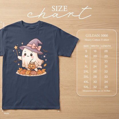 Gildan 5000 Heavy Cotton T-shirt size chart with ghost graphic.