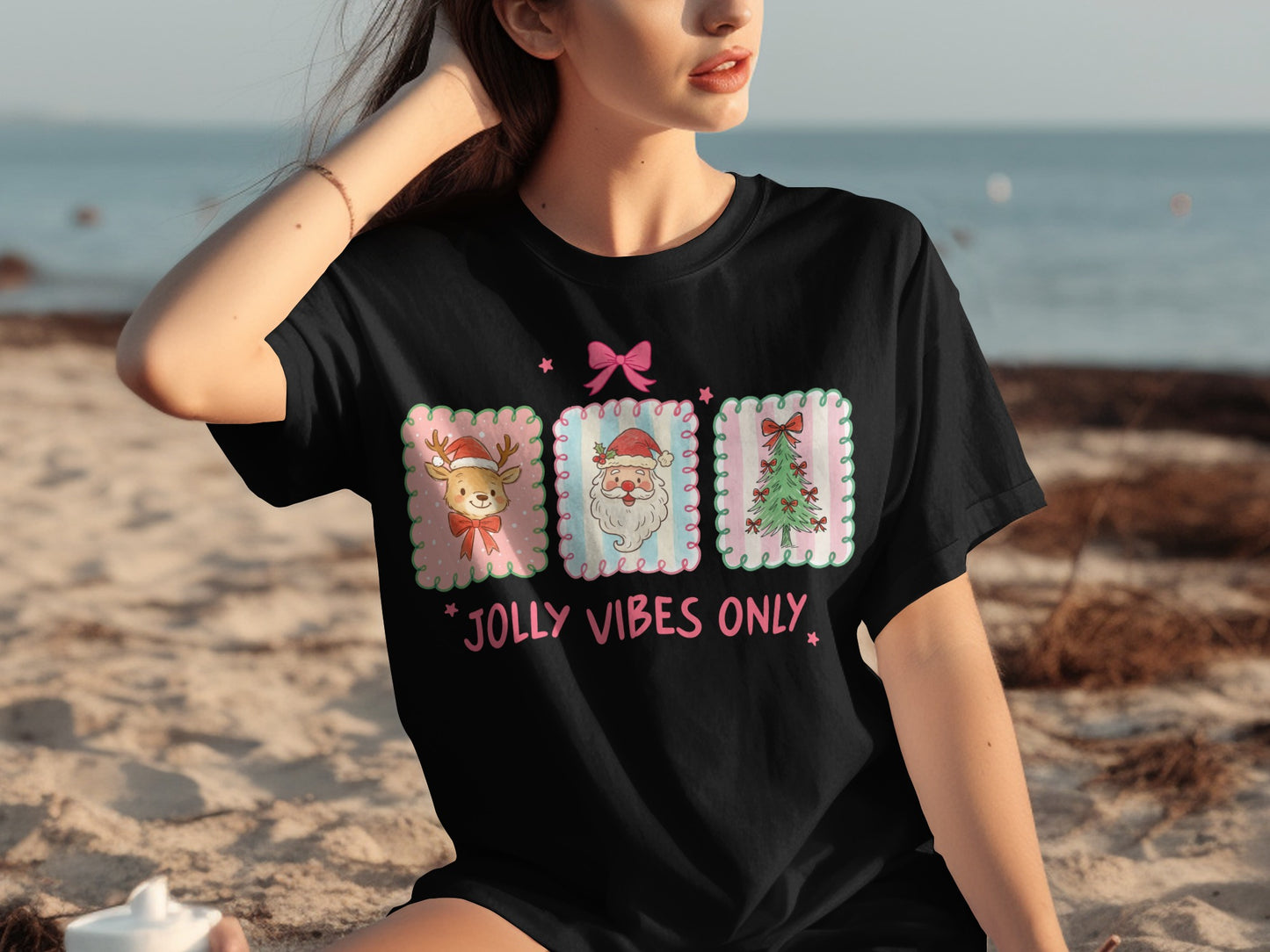 Jolly Vibes Only Santa and Reindeer Christmas T-shirt