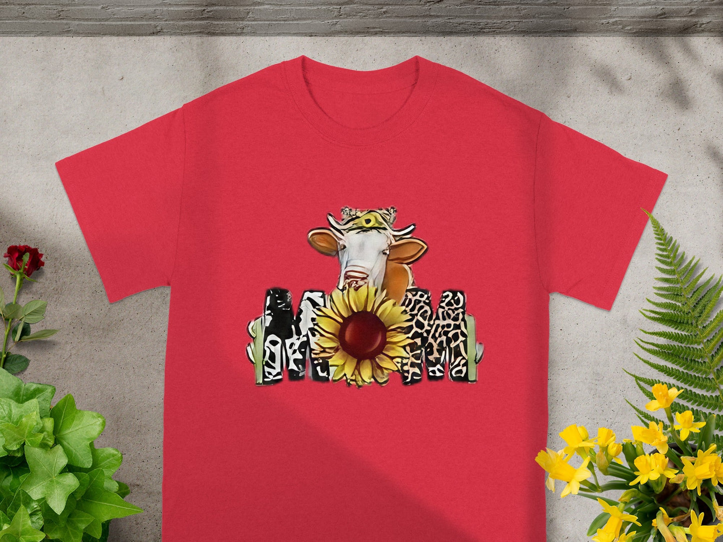 Cute Cow and Sunflower Design Red Graphic Shirt