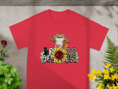 Cute Cow and Sunflower Design Red Graphic Shirt