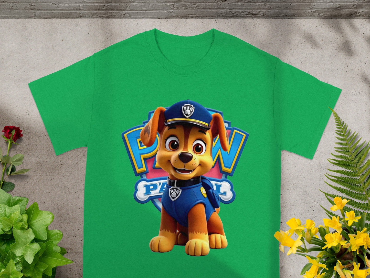 Green t-shirt with Chase from Paw Patrol graphic.