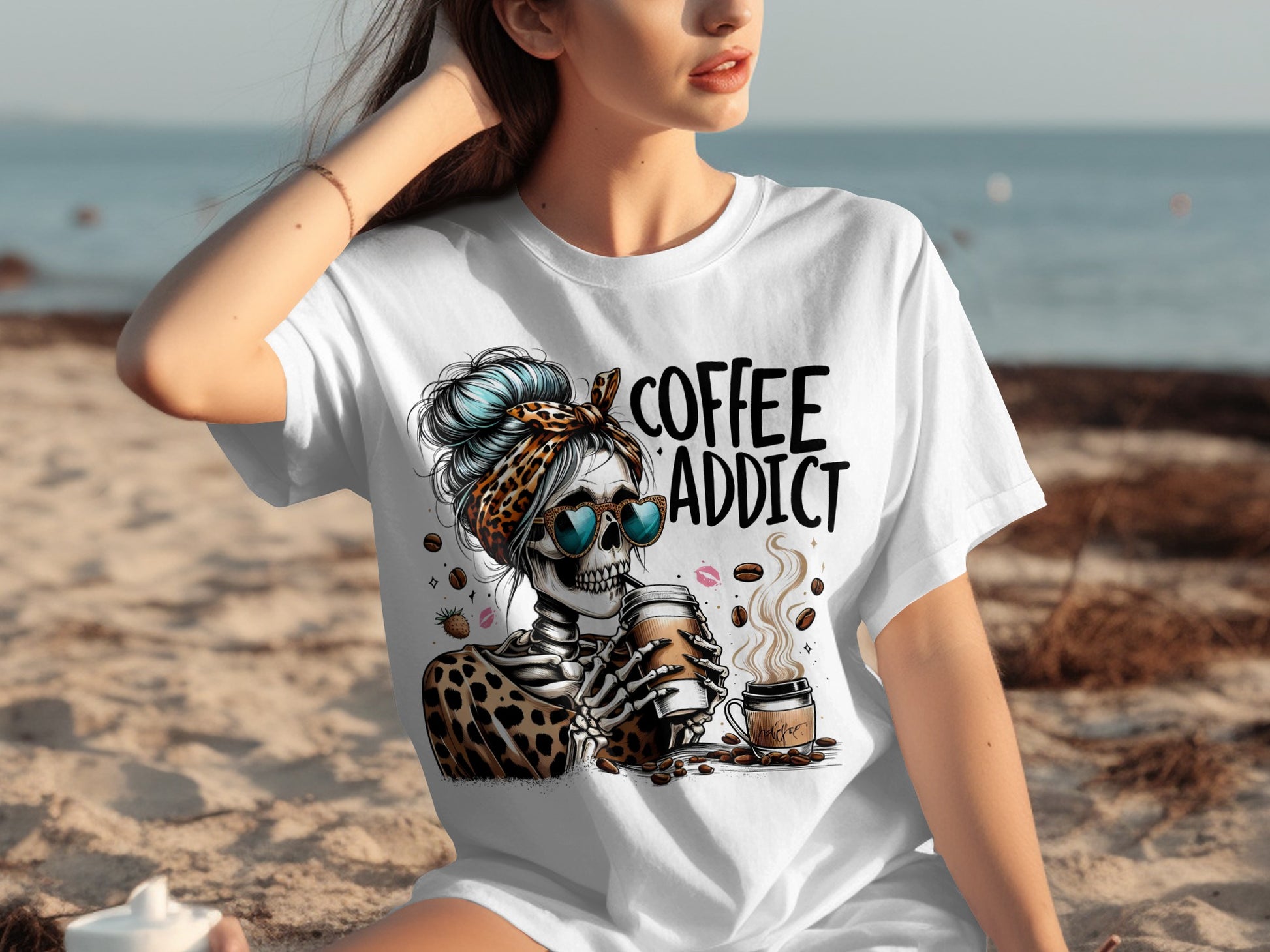 Coffee Addict Skull and Leopard Print T-Shirt