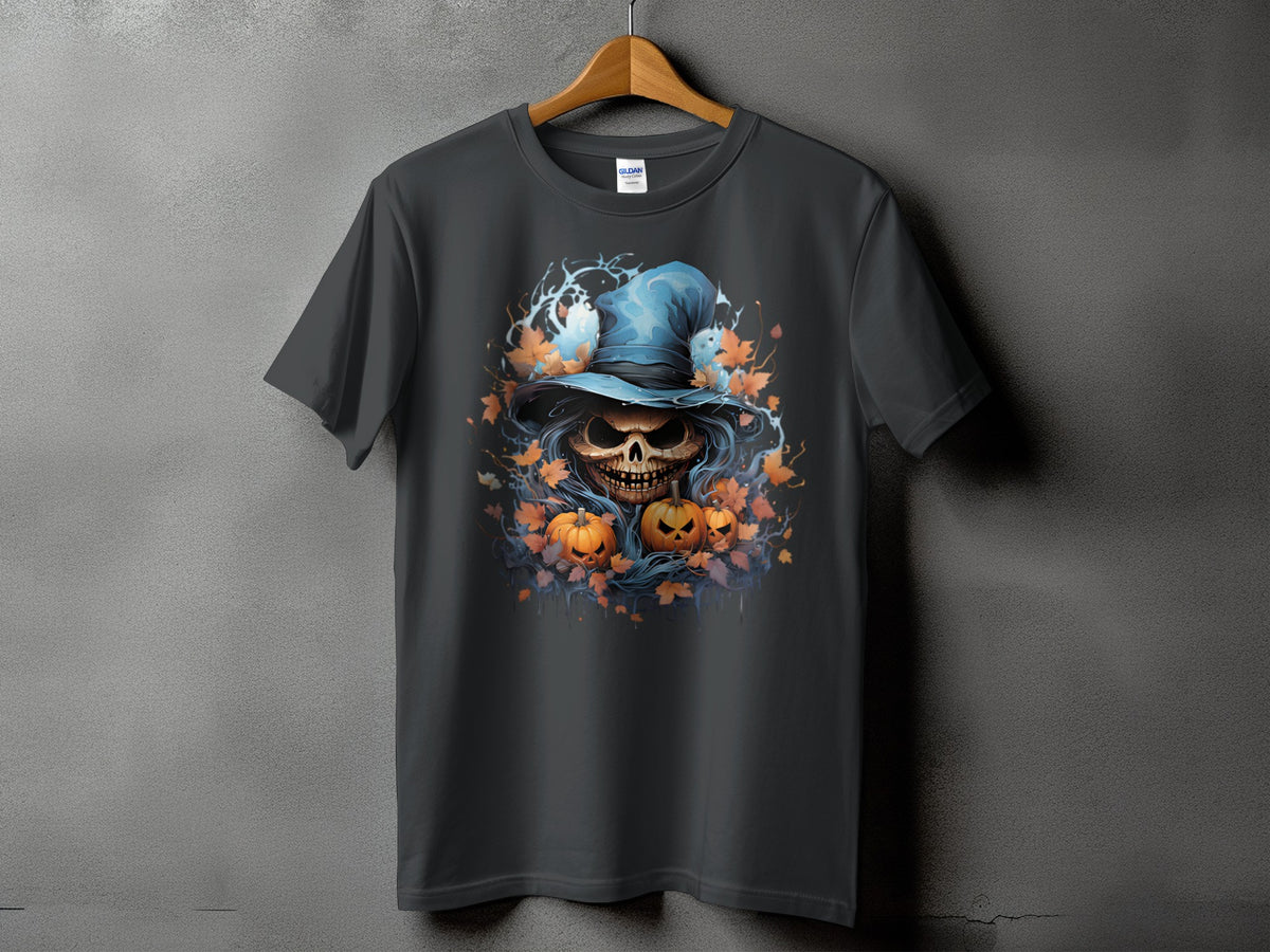 Dark t-shirt with Halloween skull, pumpkins, and witch hat graphic.