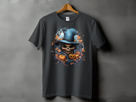 Dark t-shirt with Halloween skull, pumpkins, and witch hat graphic.