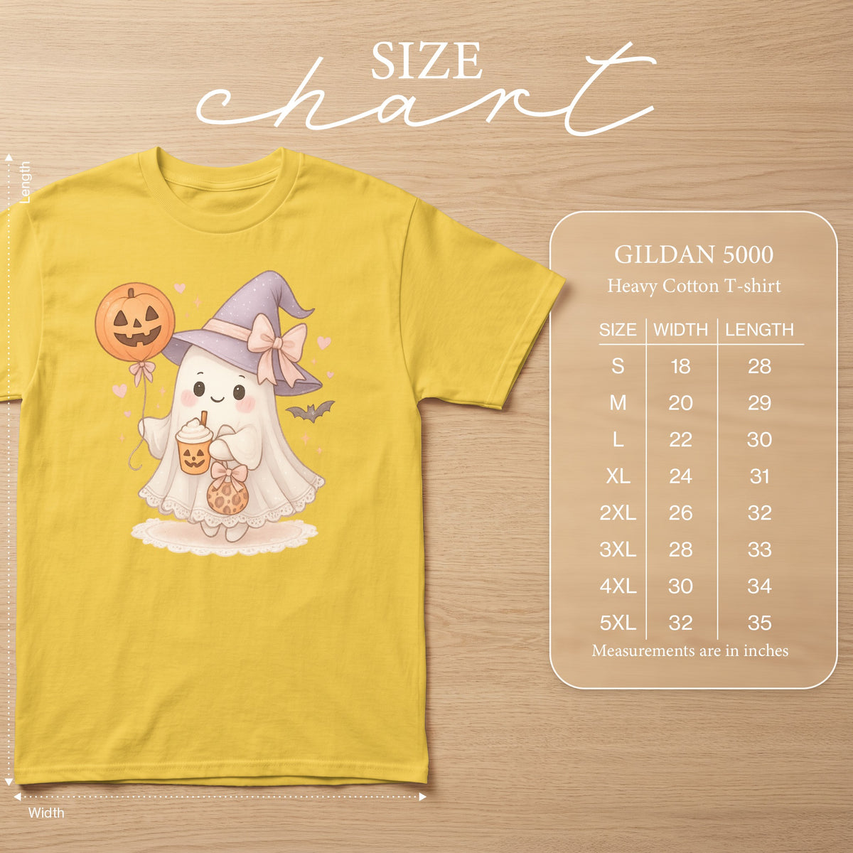 Yellow Gildan 5000 t-shirt with cute ghost graphic and size chart.