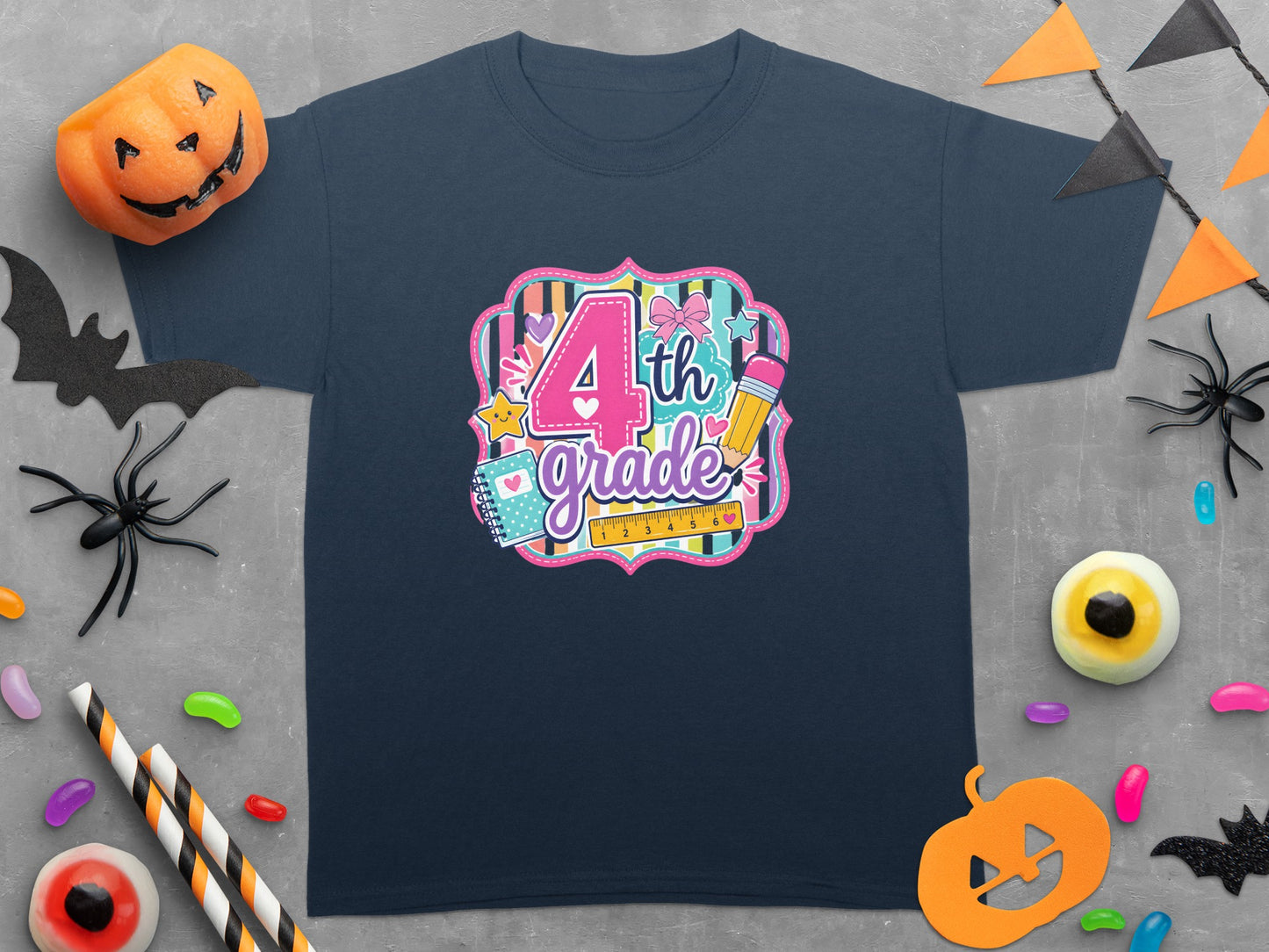 Navy t-shirt with "4th grade" and school graphics in a colorful frame.