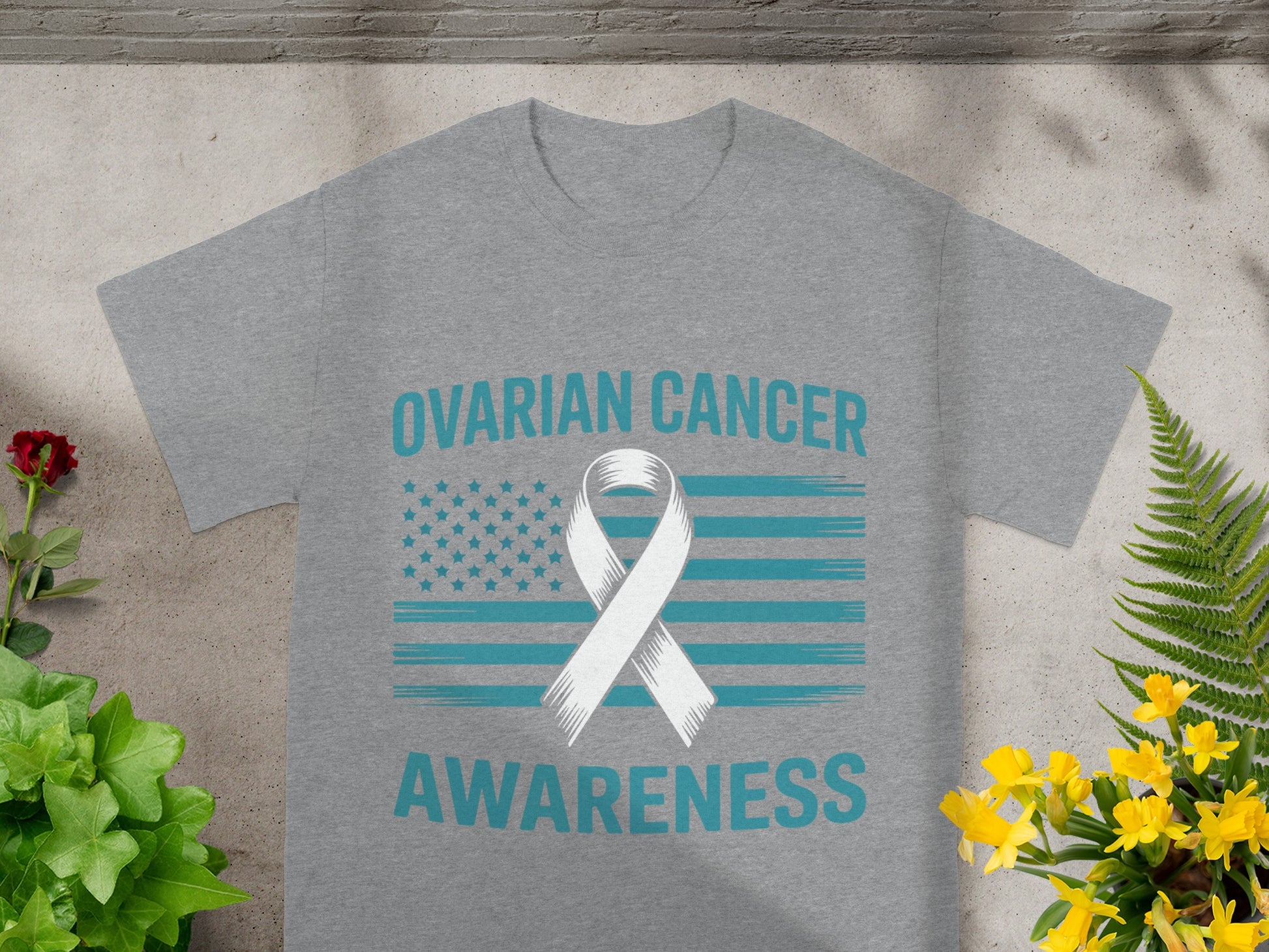 Ovarian Cancer Awareness Ribbon Flag T-Shirt