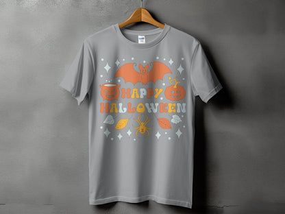 Grey t-shirt with retro Halloween graphic featuring bat, pumpkins, spider, and text.