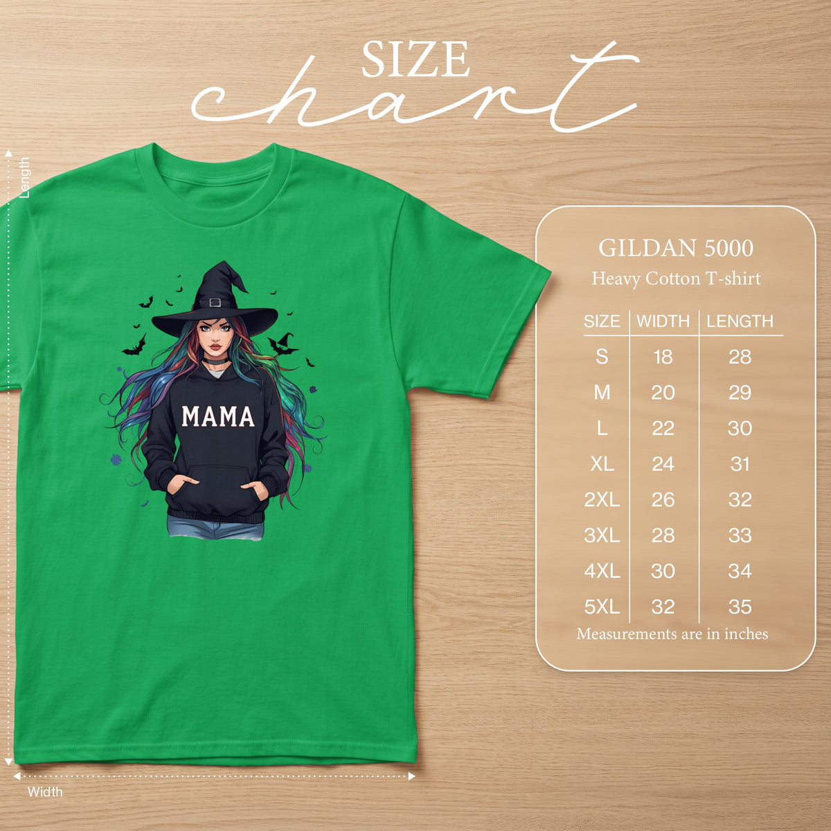 Green t-shirt with witch graphic and size chart for Gildan 5000 heavy cotton t-shirt.