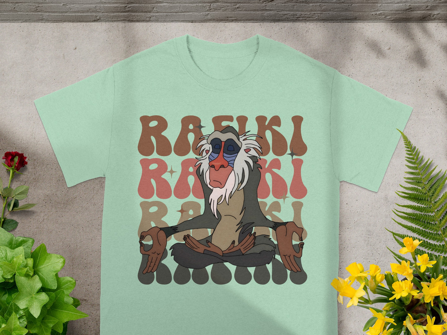 Rafiki meditating with "Rafiki" text repeated in distressed font.