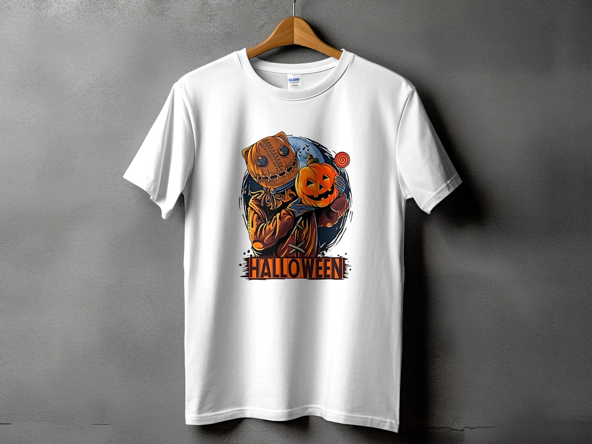 White t-shirt featuring a stitched scarecrow holding a pumpkin and the word HALLOWEEN.