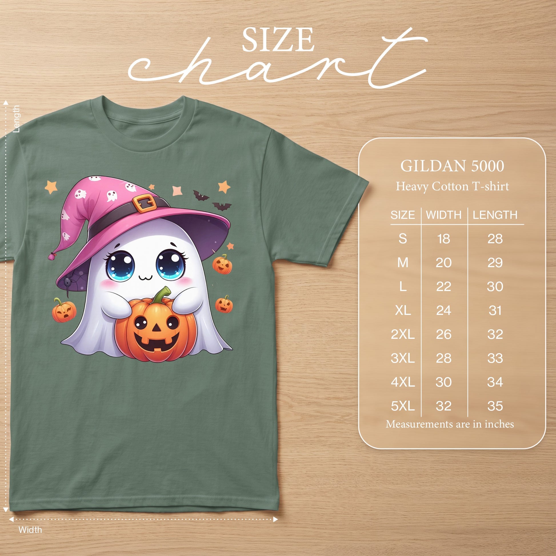 Green Gildan 5000 t-shirt with cartoon ghost holding pumpkin; size chart included.