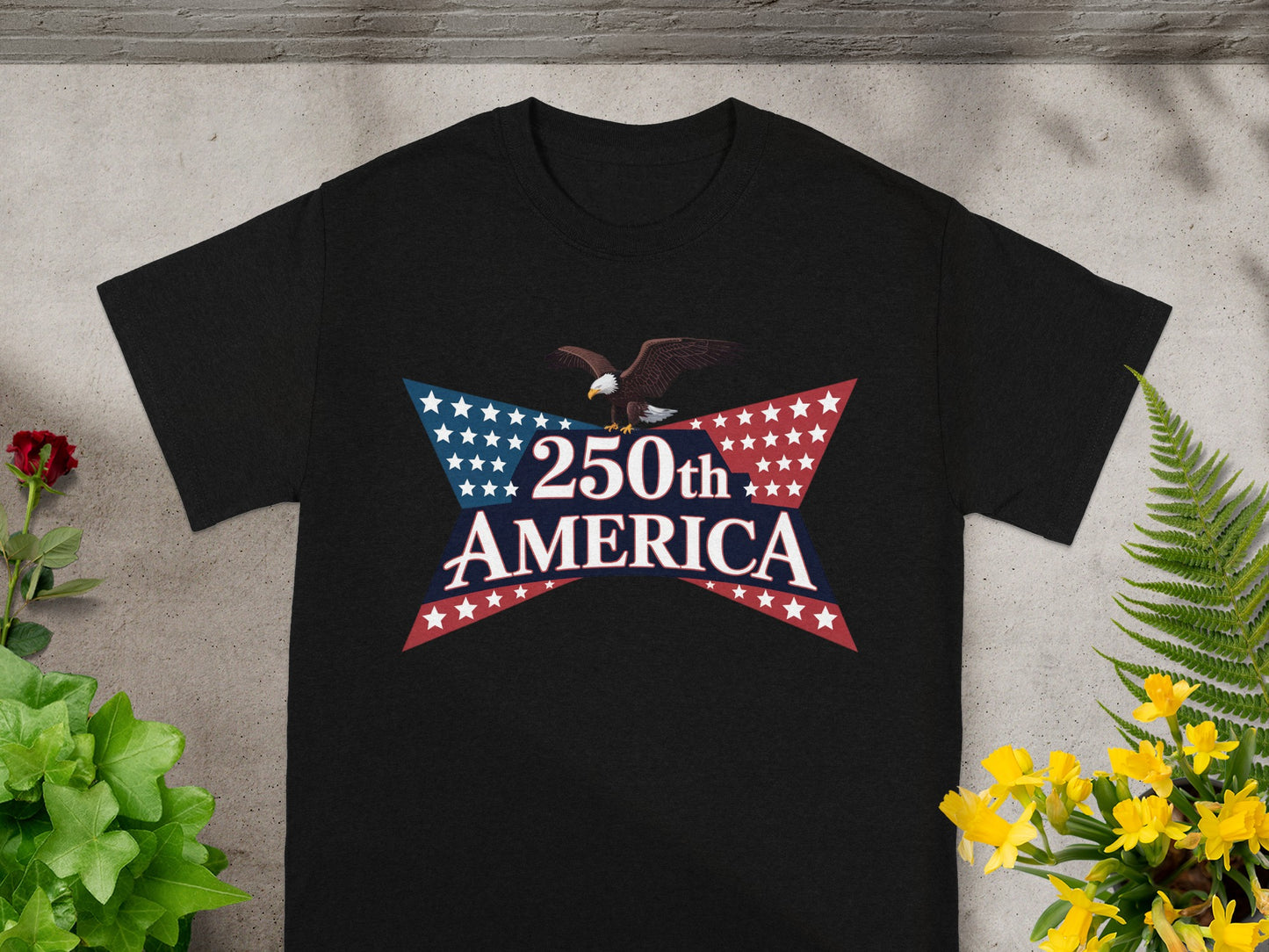 Black t-shirt with "250th America" text and eagle, framed by stars and red banners.