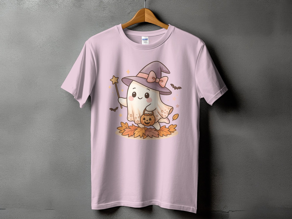 Pink t-shirt with a ghost wearing a witch hat, holding a pumpkin and wand.