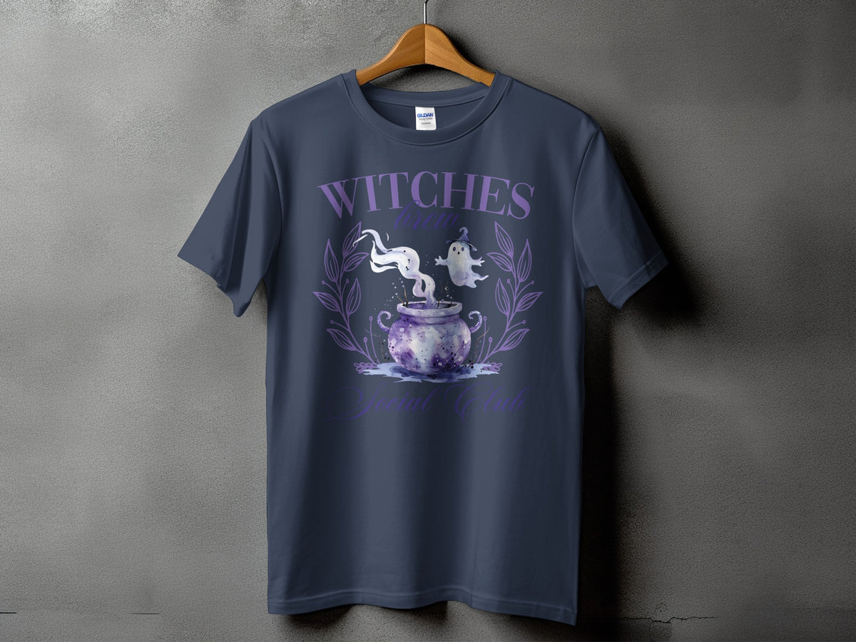 Dark gray t-shirt with "Witches Brew Social Club" text and Halloween graphics.