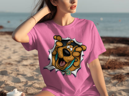 Vibrant Cartoon Dog Tearing Out Design T-Shirt