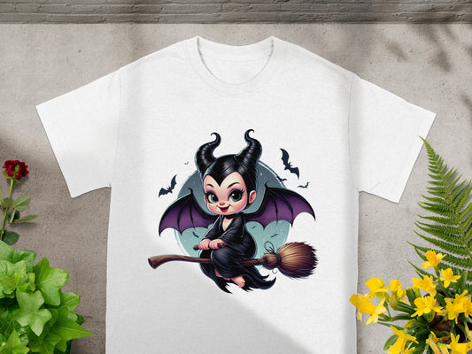 White t-shirt with cartoon Maleficent riding a broomstick with bats.