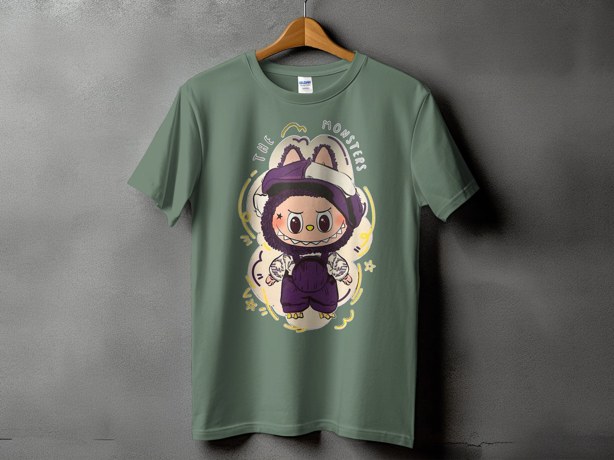 Green t-shirt with cartoon monster graphic and "THE MONSTERS" text.