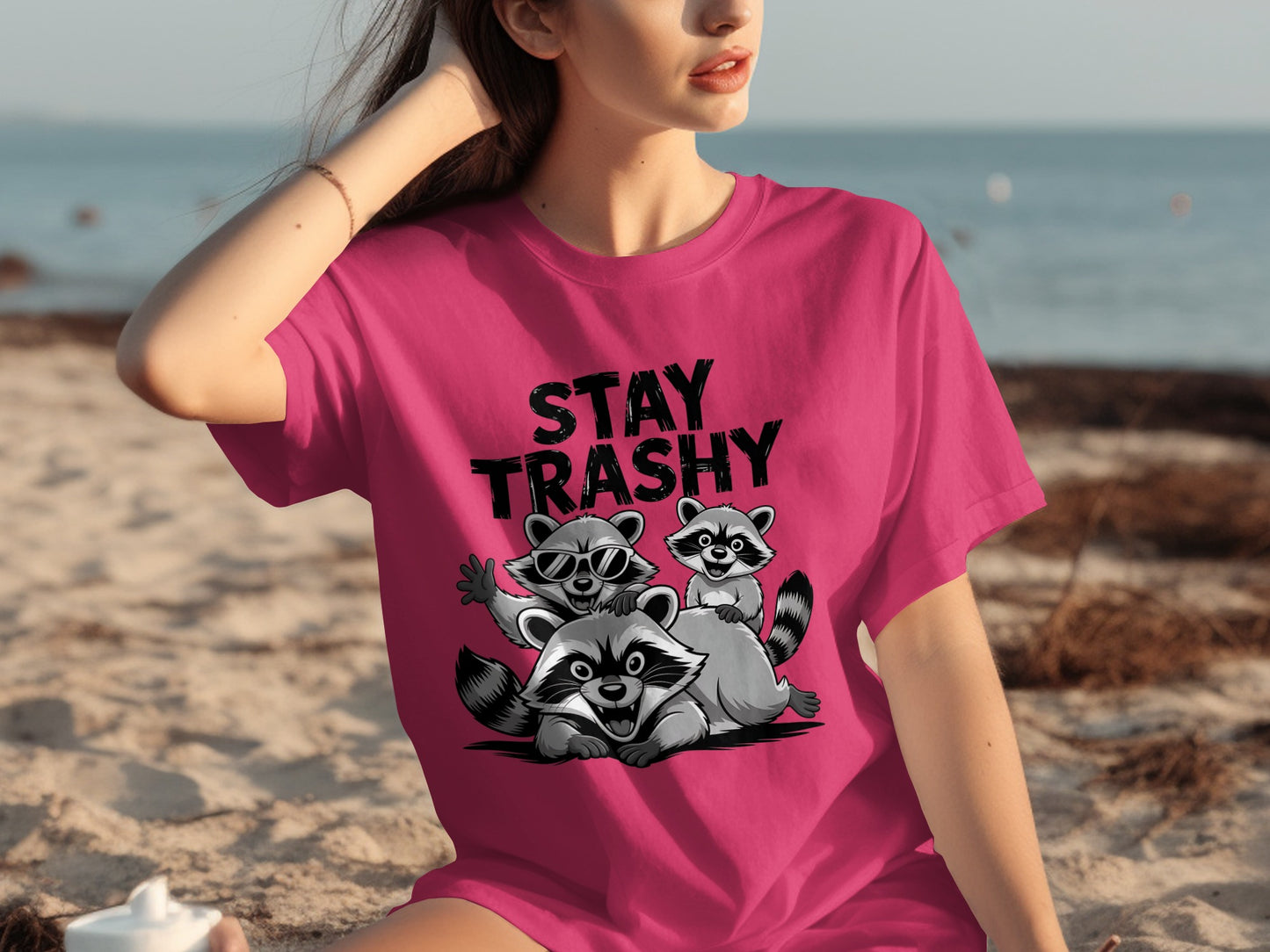 Pink Stay Trashy Raccoon Graphic Printed Shirt
