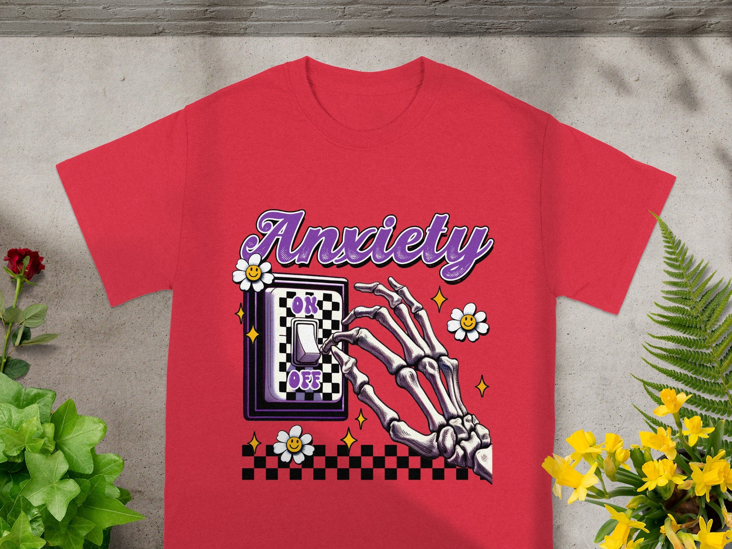 Red T-Shirt with Anxiety Graphic and Skeleton Hand Design