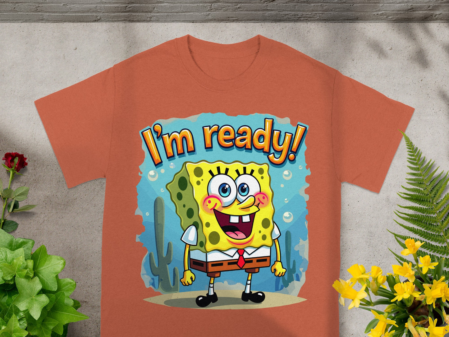 SpongeBob SquarePants shirt with "I'm ready!" text above character.