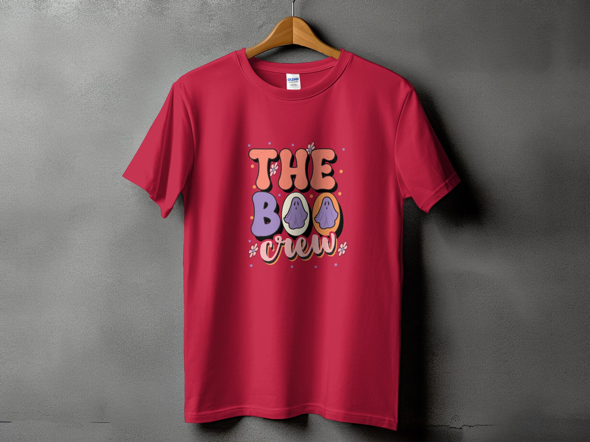 Red t-shirt with "The Boo Crew" graphic featuring ghosts and flowers.