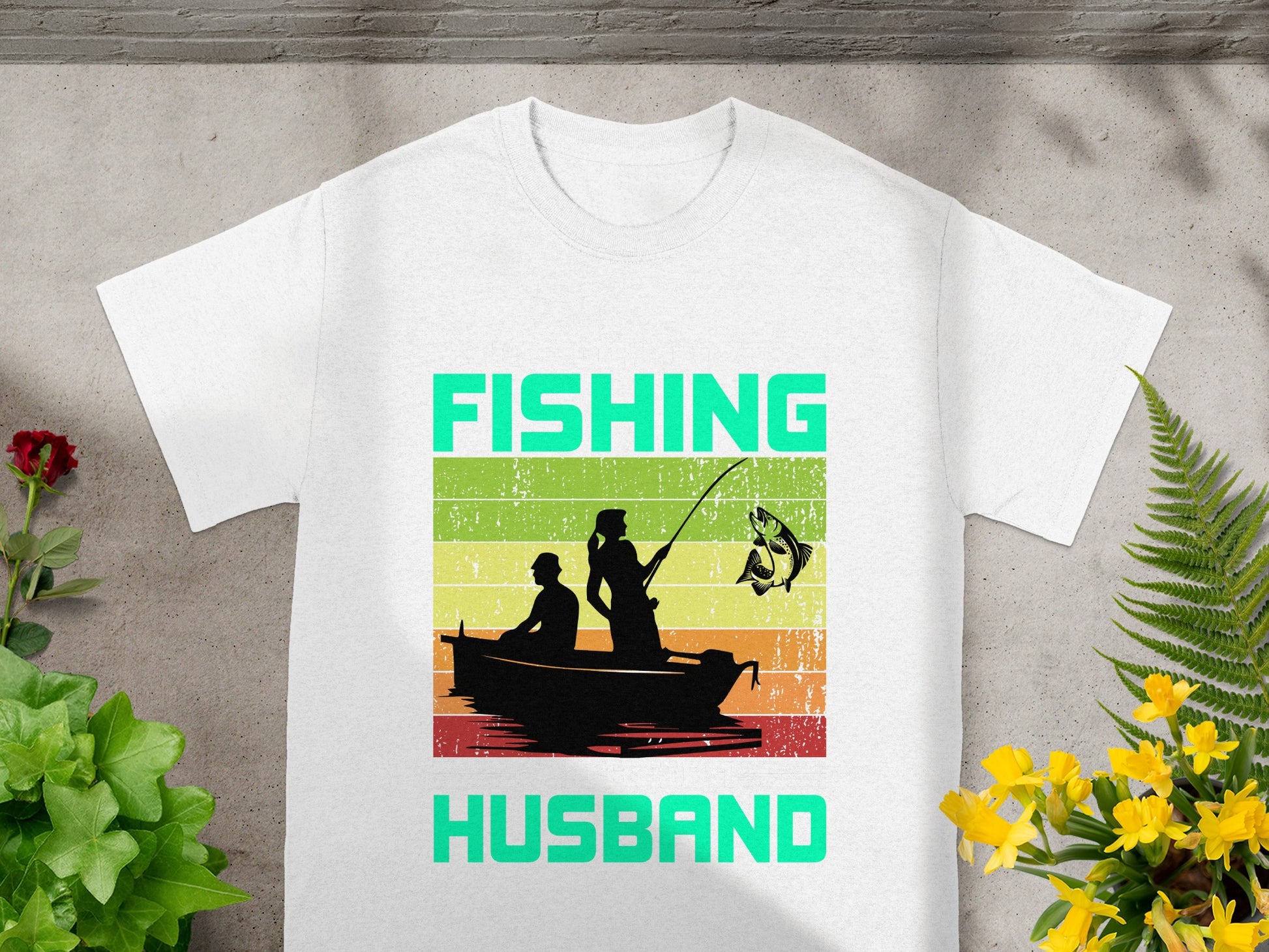 White t-shirt with "FISHING HUSBAND" text and a fishing graphic.