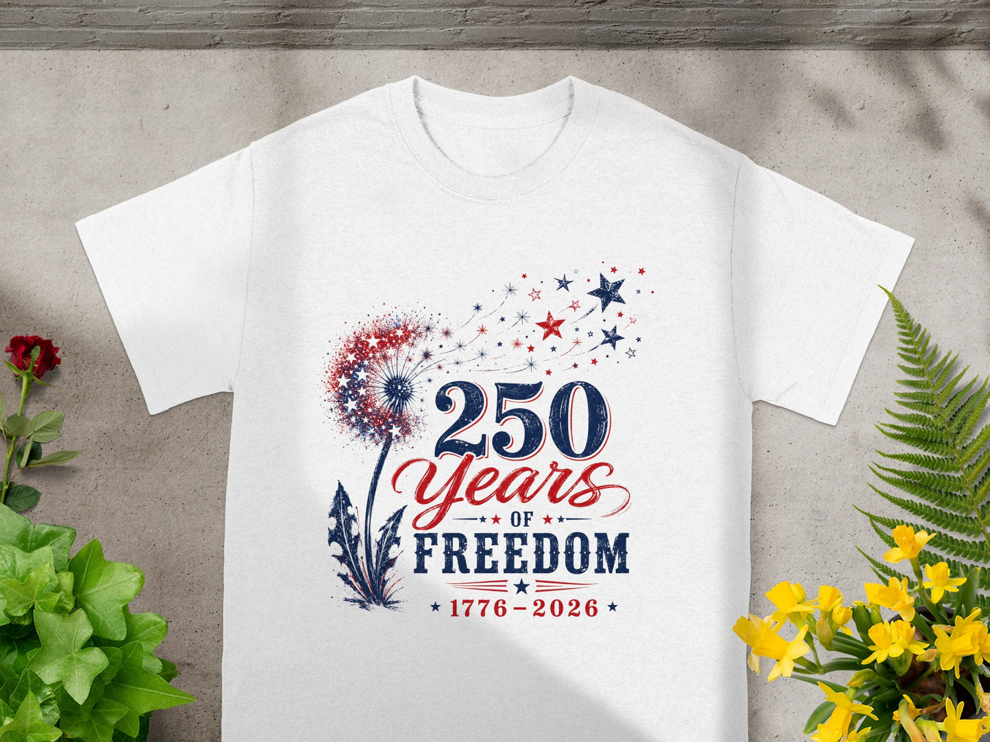 White t-shirt with red, white, and blue 250 Years of Freedom graphic.