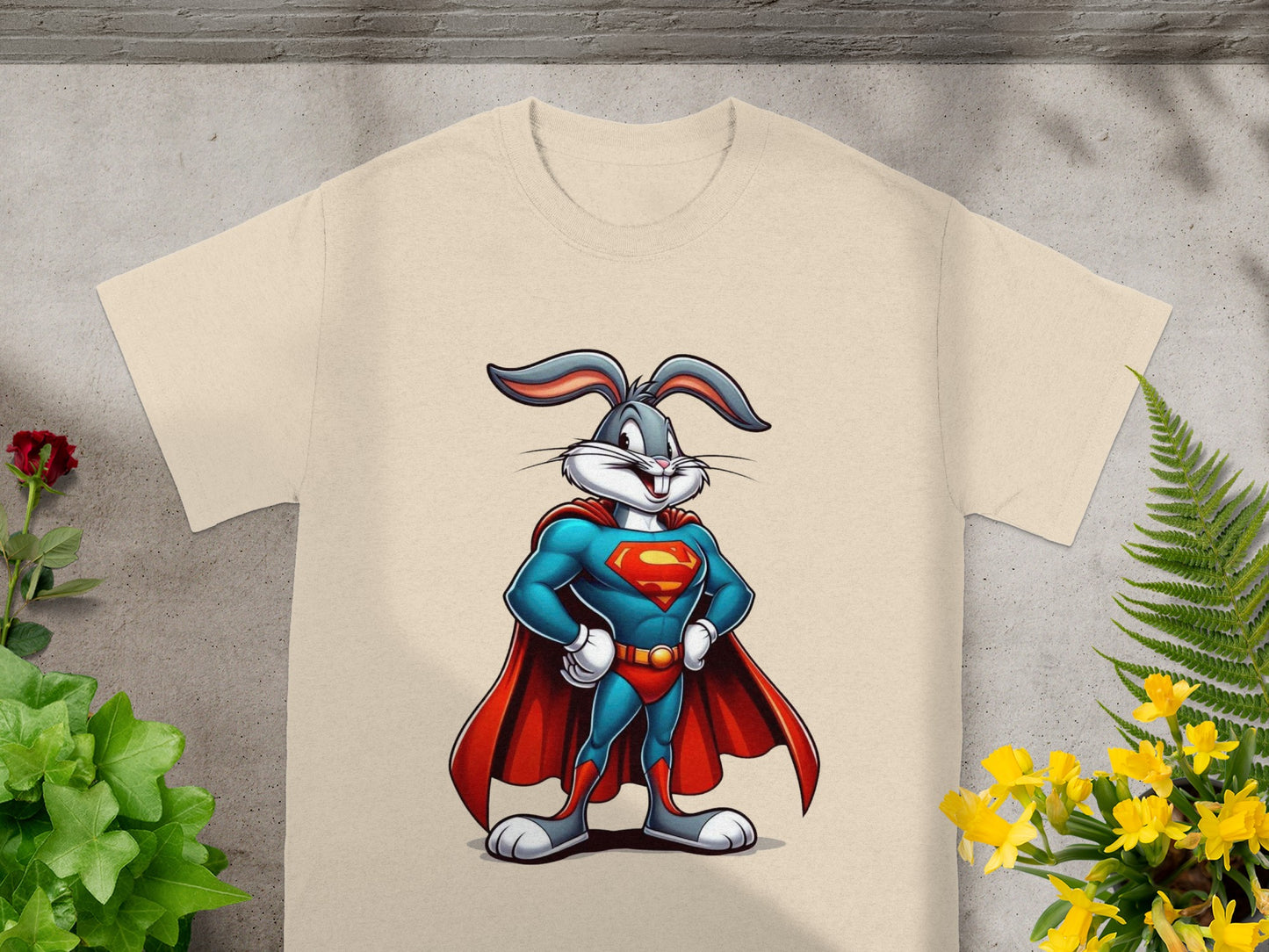 Bugs Bunny as Superman in a blue suit, red cape, and yellow insignia on a beige t-shirt.
