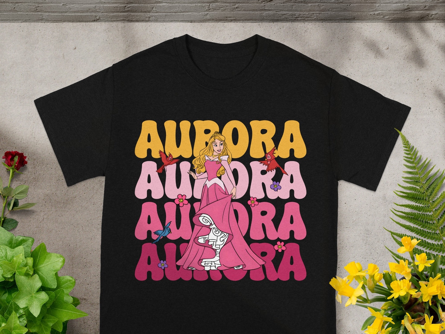 Black t-shirt with Aurora from Sleeping Beauty graphic and text.