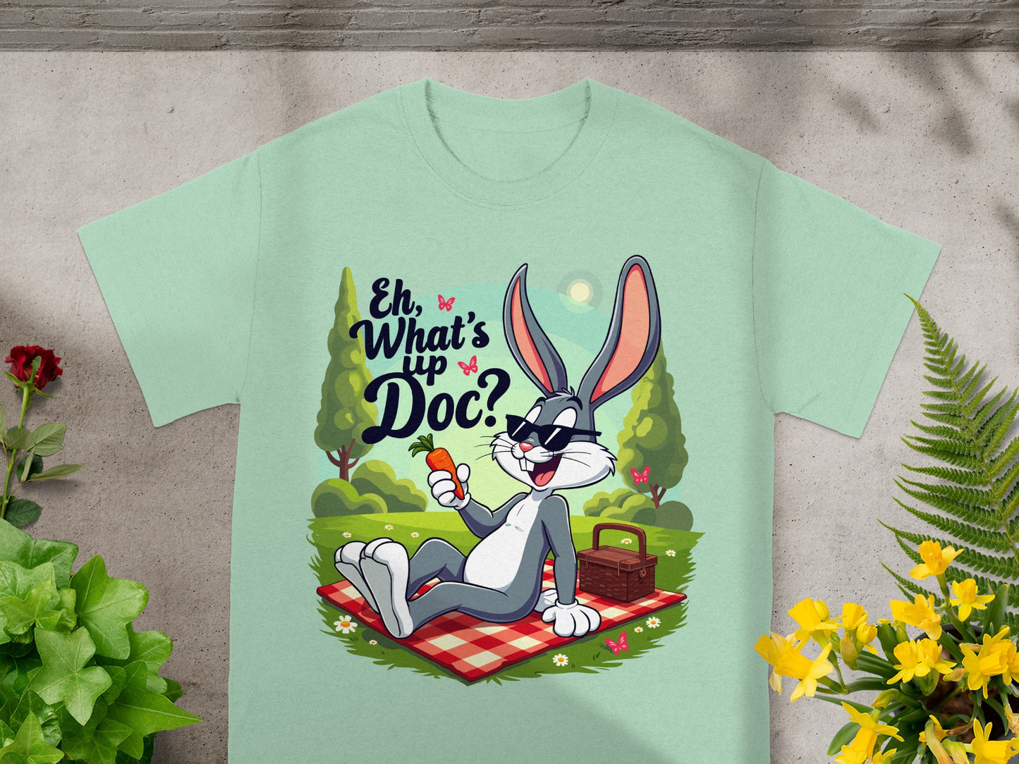 Bugs Bunny in sunglasses holding a carrot on a picnic blanket.