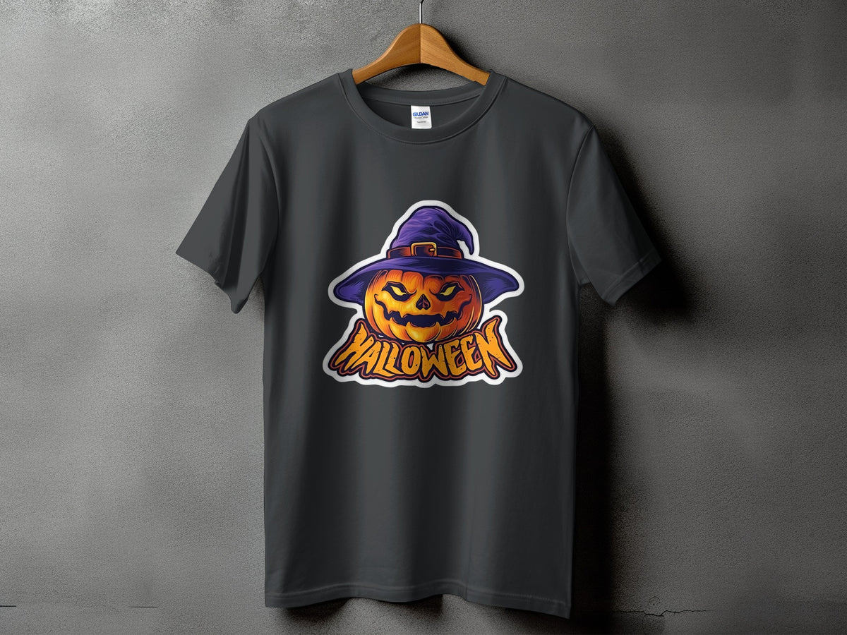 Dark gray t-shirt with a jack-o'-lantern wearing a witch hat and the word "HALLOWEEN."