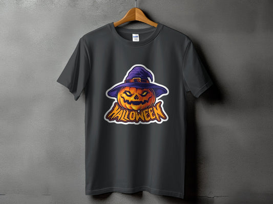 Dark gray t-shirt with a jack-o'-lantern wearing a witch hat and the word "HALLOWEEN."