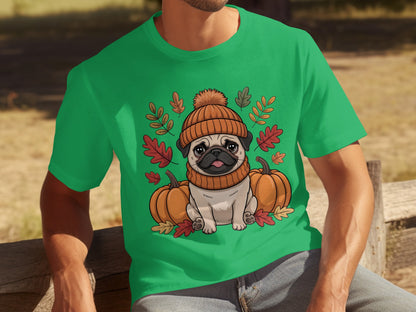 Cute Pug with Fall Pumpkins Graphic Tee Shirt