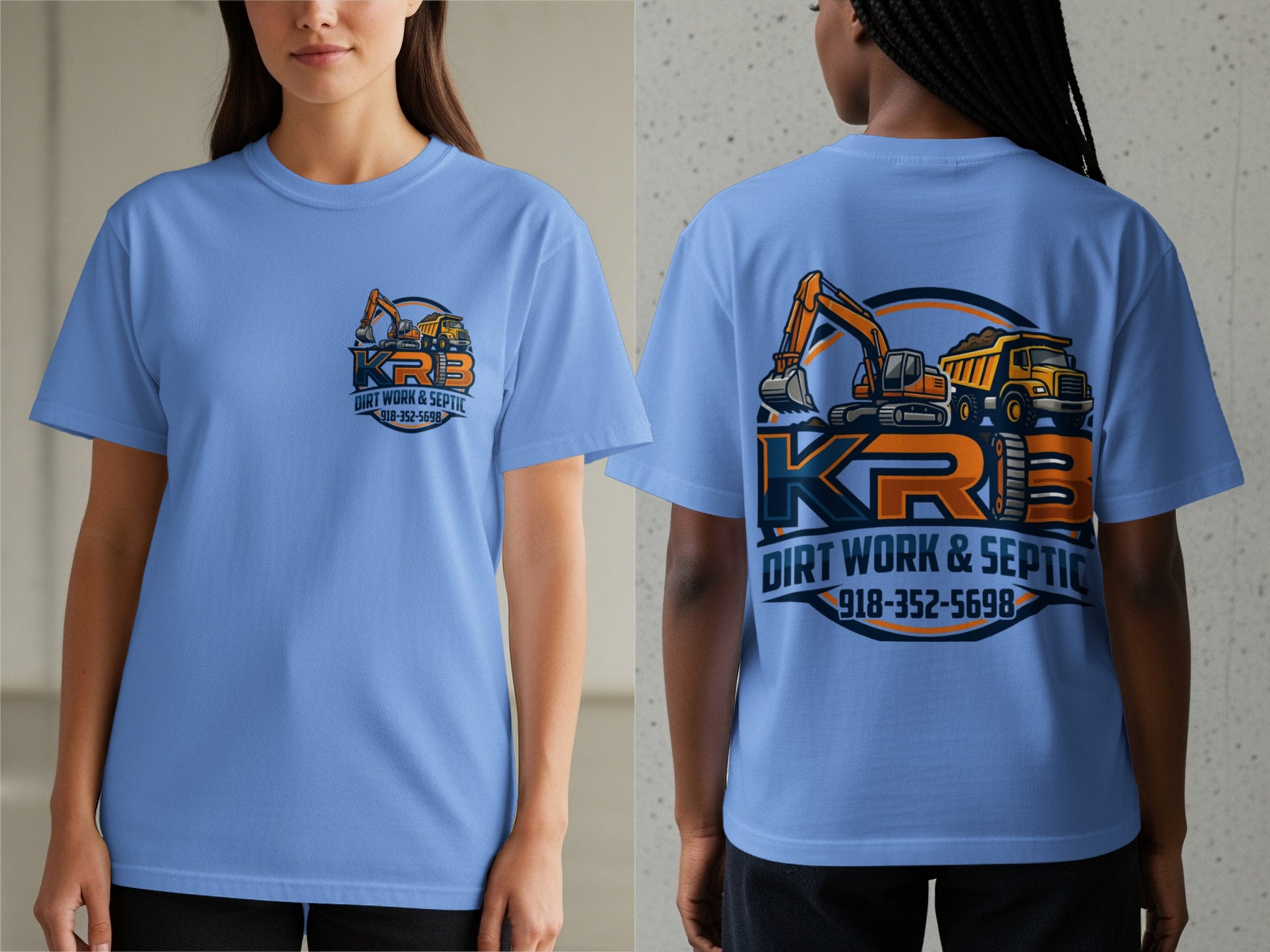 Light blue t-shirt with KRB Dirt Work & Septic logo and phone number.