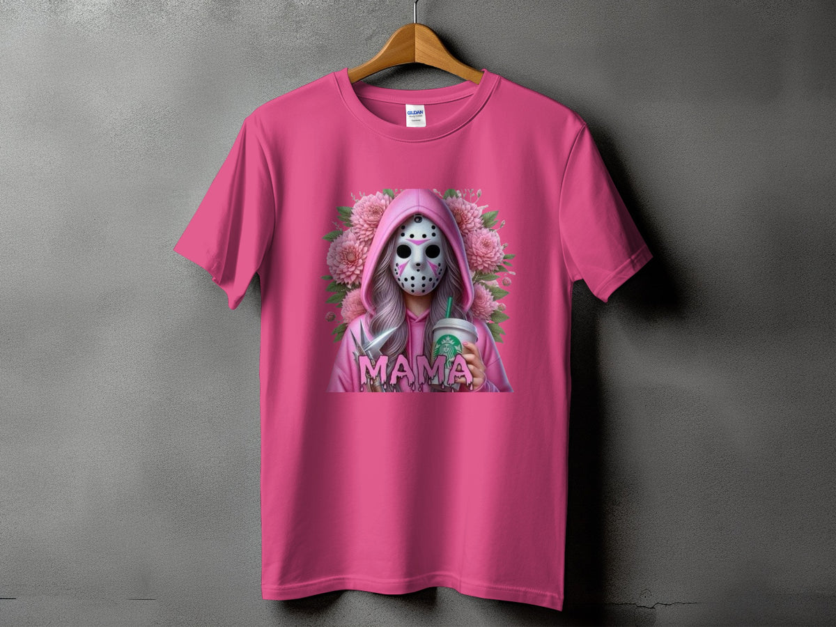 Pink t-shirt with a graphic of a masked figure holding a coffee cup and knife.