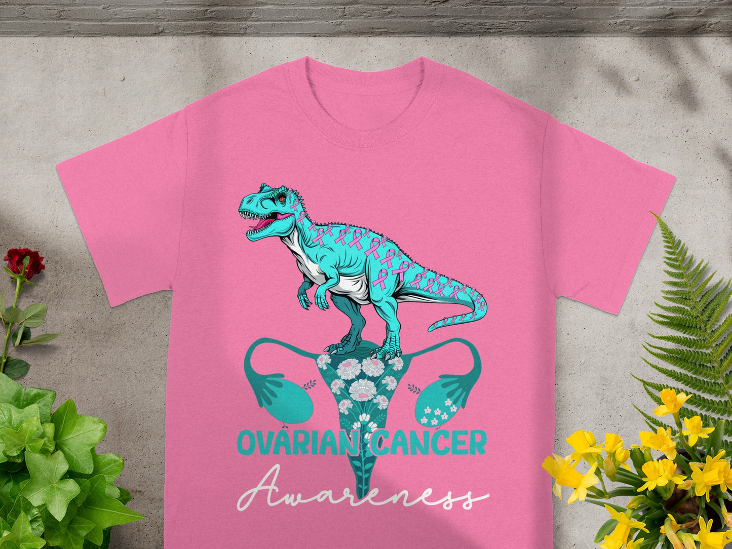 Dinosaur Ovarian Cancer Awareness Pink T-shirt