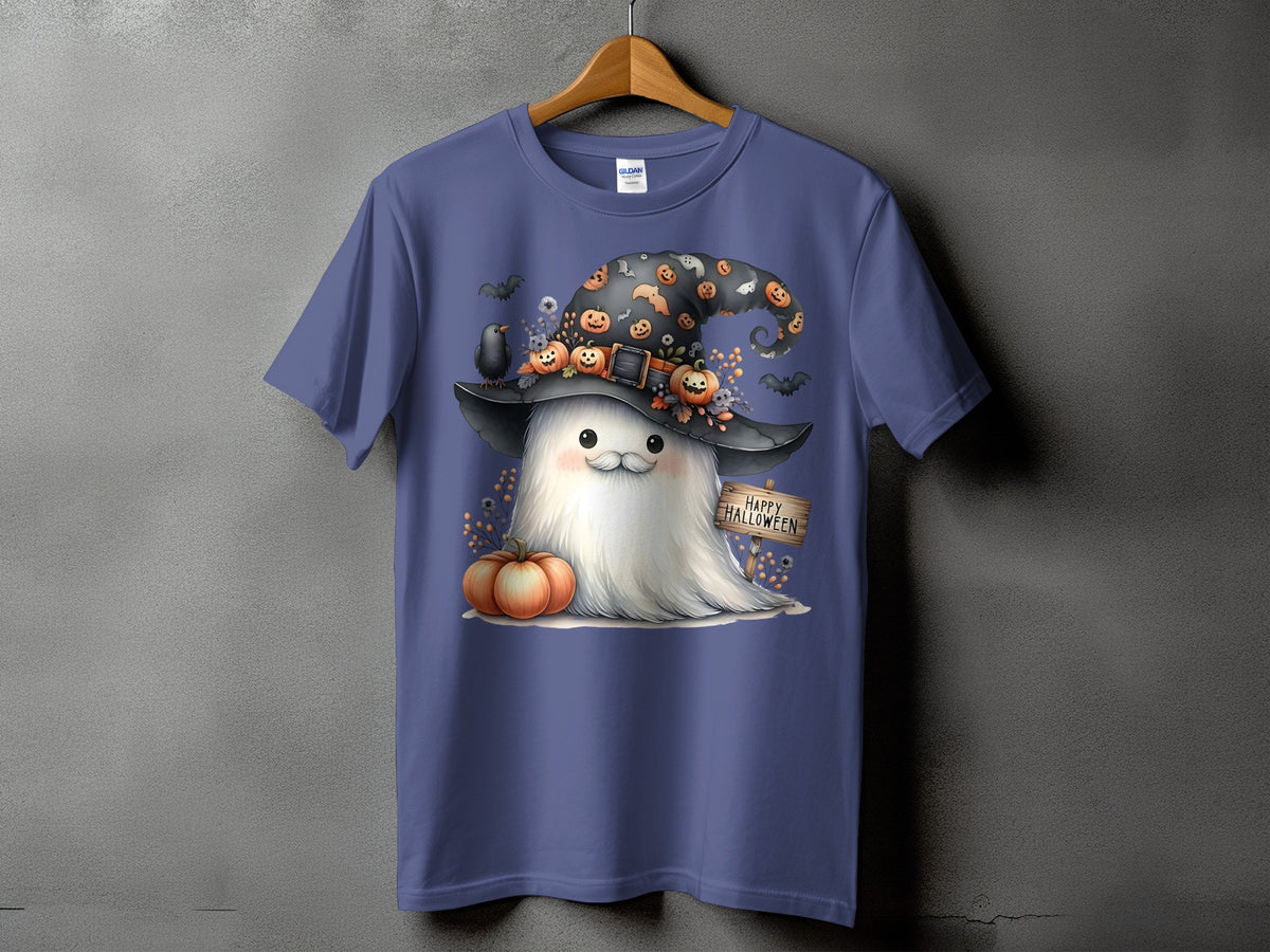 Ghost wearing witch hat with pumpkins and "Happy Halloween" sign on purple t-shirt.