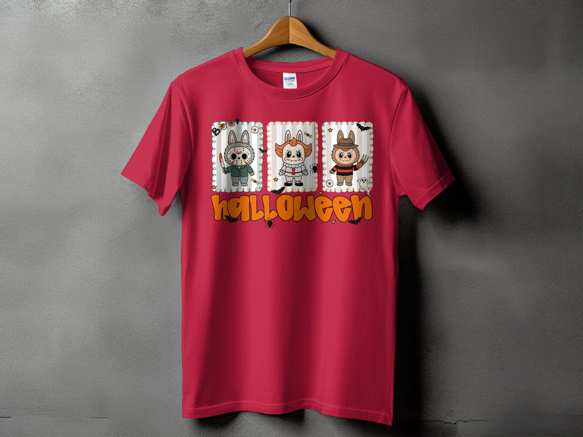 Red t-shirt with Halloween graphic featuring horror characters and bats.