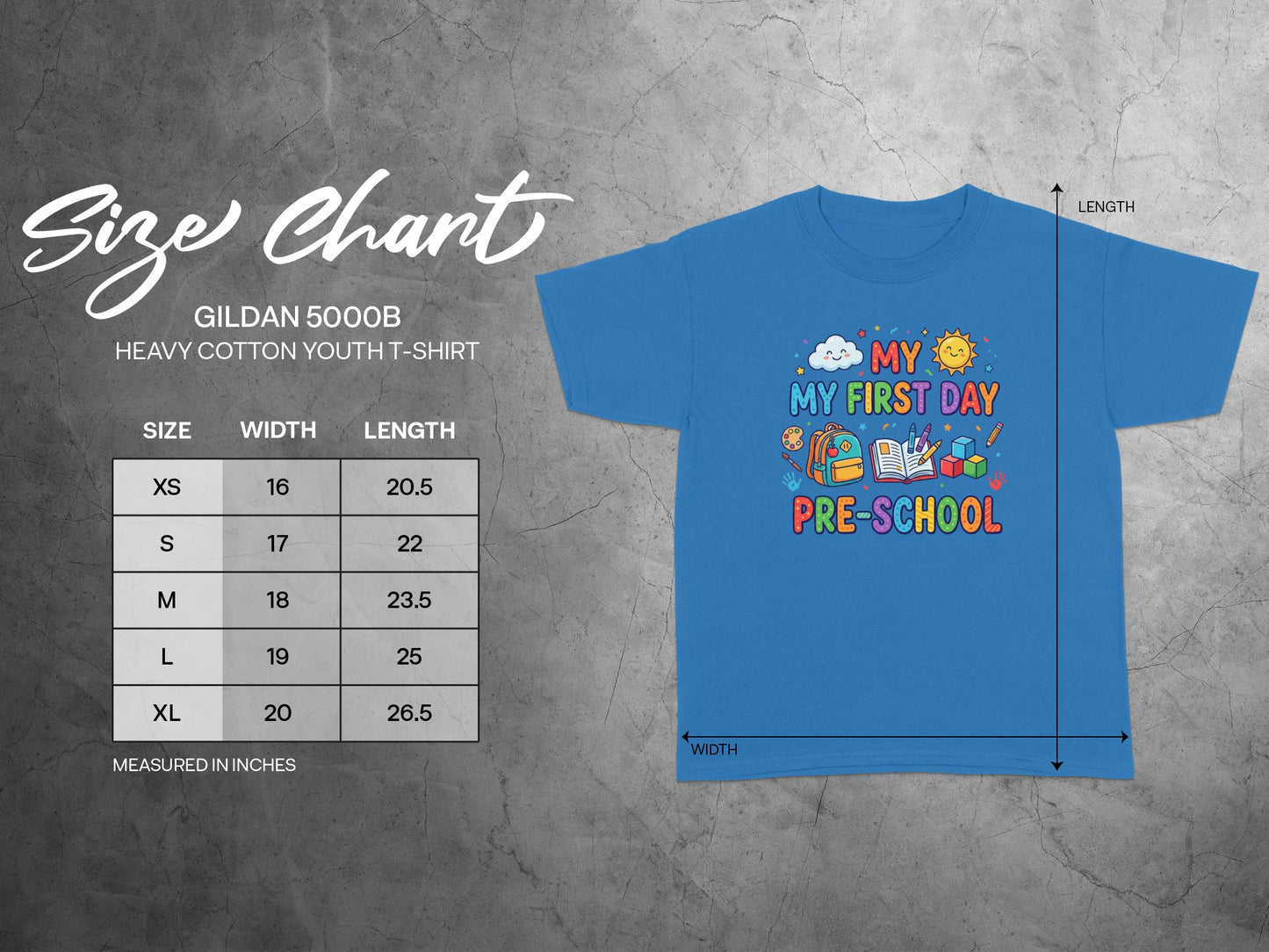 Gildan 5000B youth t-shirt size chart with width and length measurements.