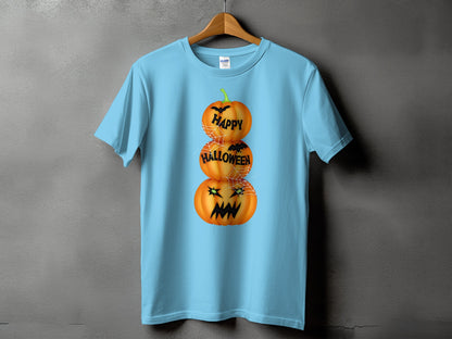 Light blue t-shirt with stacked pumpkins and Halloween text graphic.