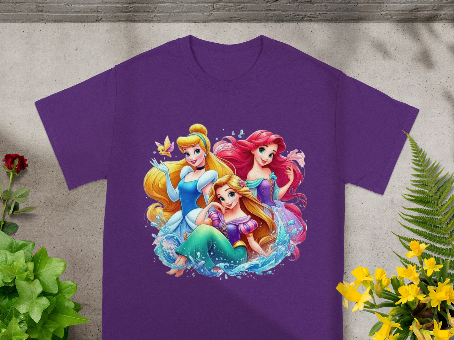 Disney Princesses Ariel, Rapunzel, and Cinderella surrounded by water and butterflies.