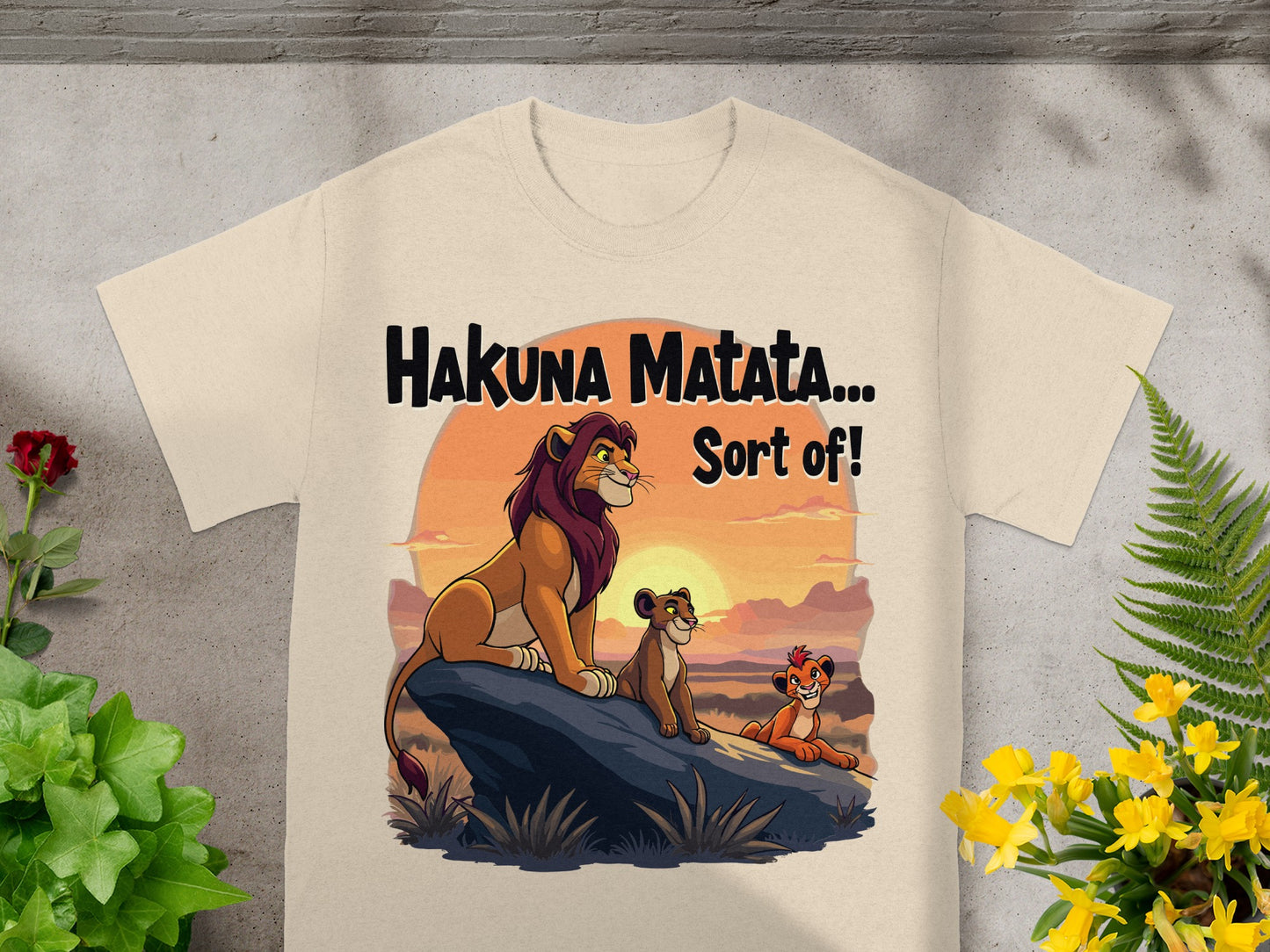 Simba, Nala, and a cub on a rock with "Hakuna Matata... Sort of!" text.