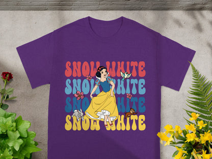 Purple t-shirt with retro "Snow White" text and illustration.