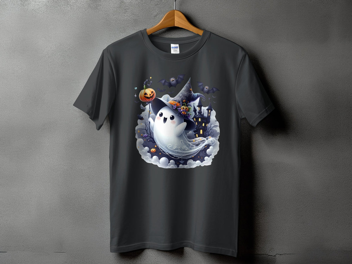 Dark gray t-shirt with a cute ghost wearing a witch hat on a Halloween scene.