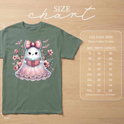 Ghost reading book graphic on green Gildan 5000 heavy cotton t-shirt with size chart.