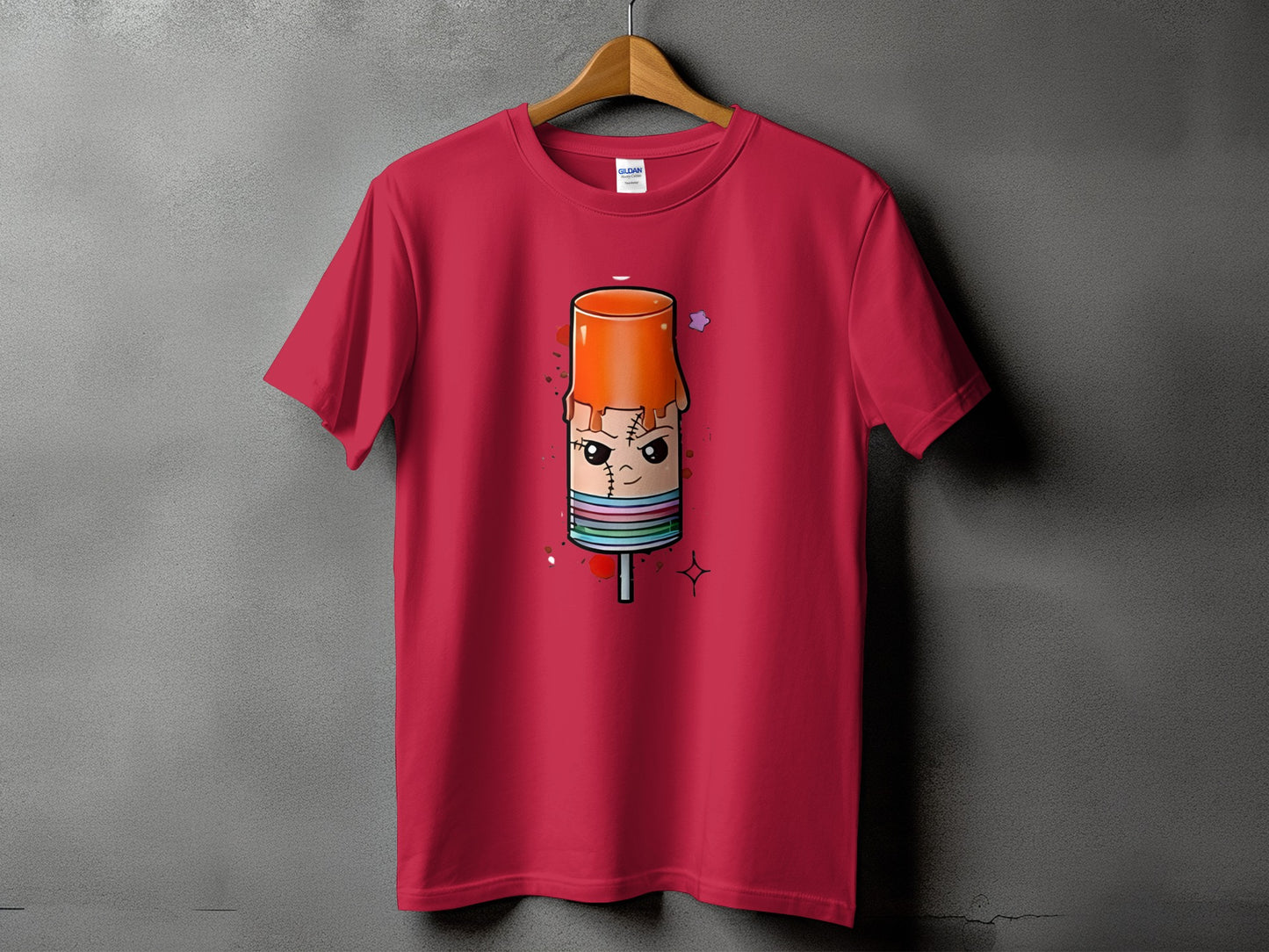 Red t-shirt with a graphic of a melting orange popsicle with a stitched face.