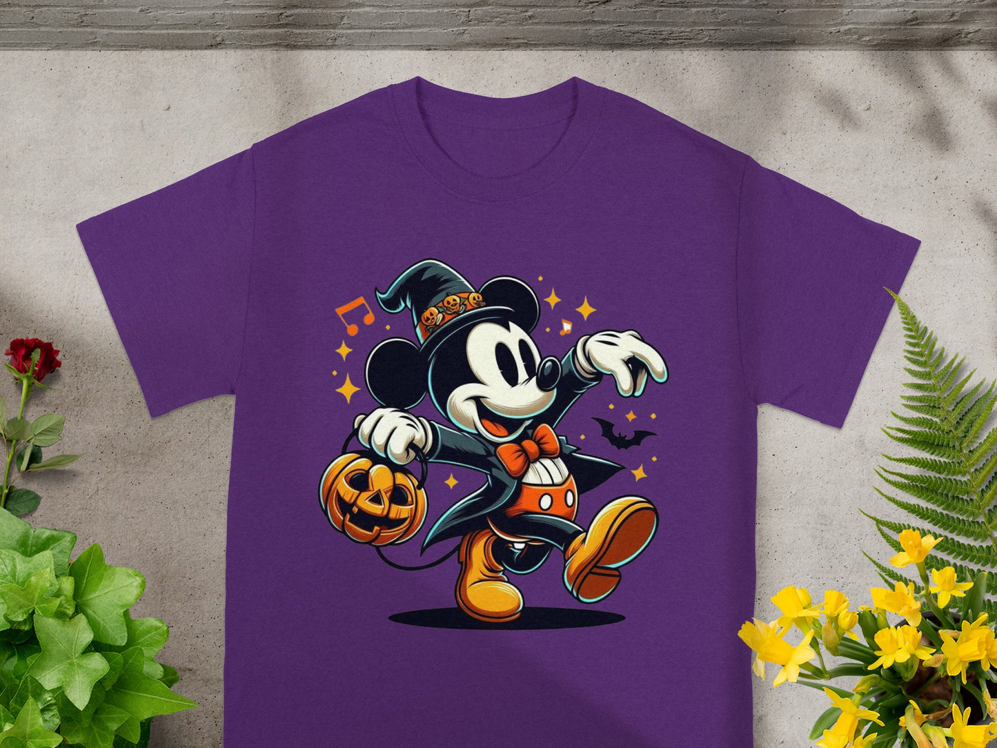 Mickey Mouse in a witch hat holding a pumpkin bucket with musical notes.