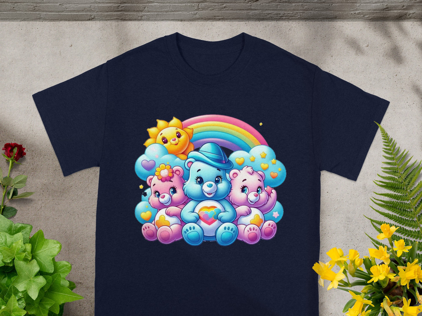 Care Bears characters sitting in a line under a rainbow with a sun.